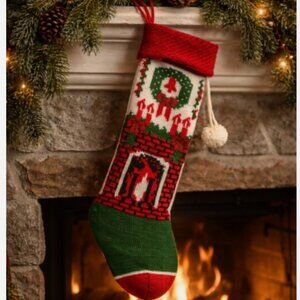 Vintage Christmas Stocking Knit Fireplace 22" Red Green White Crochet SHIPS FAST